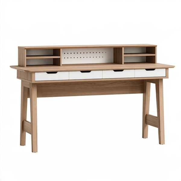 Scrivania con alzata 140 x 60 x 110 cm in legno marrone chiaro e bianco - con cassetti e vani aperti
