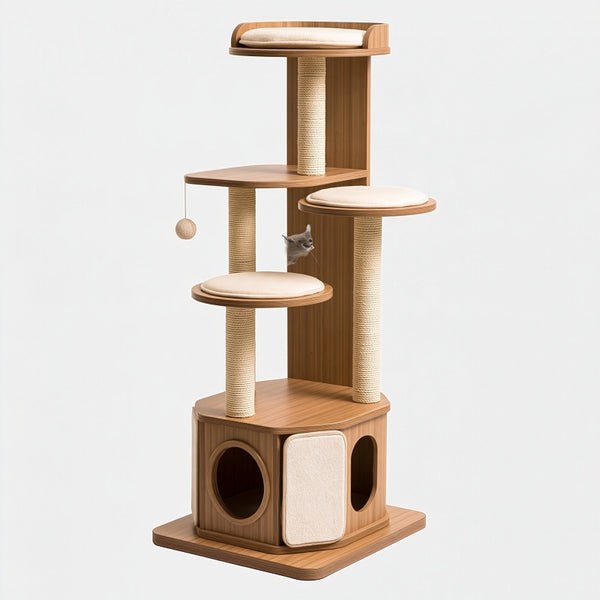 Albero tiragraffi per gatti 60 x 50 x 150 cm in legno marrone con sisal e piattaforme imbottite