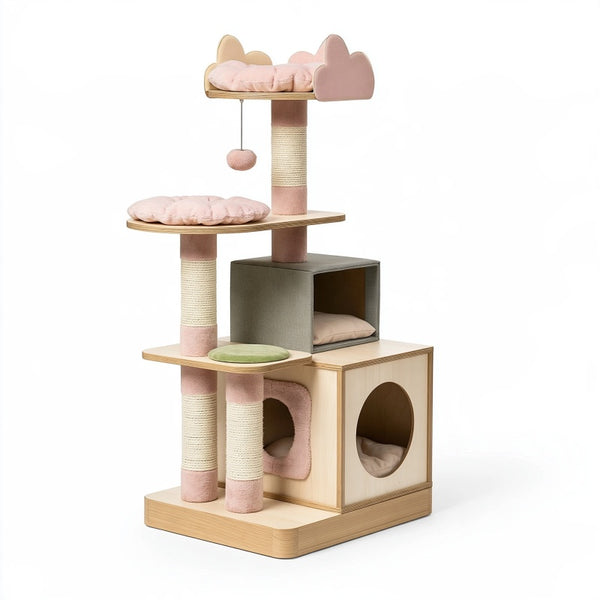 Albero tiragraffi per gatti 60 x 50 x 120 cm in legno e sisal rosa con cucce