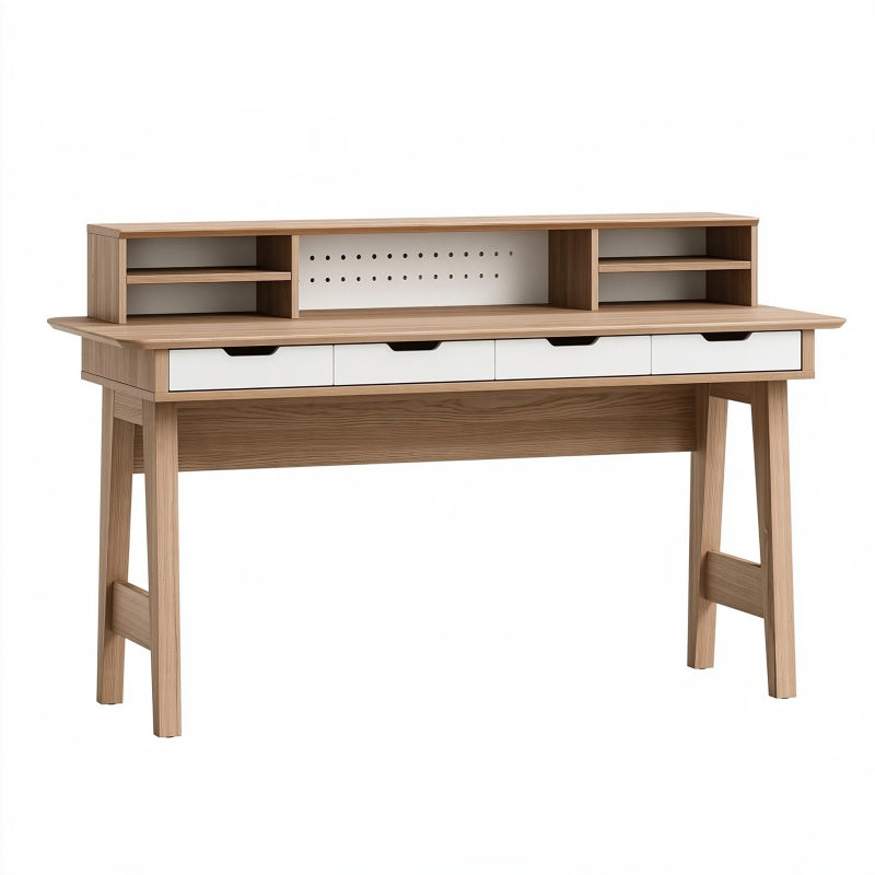 Scrivania con alzata 140 x 60 x 110 cm in legno marrone chiaro e bianco - con cassetti e vani aperti