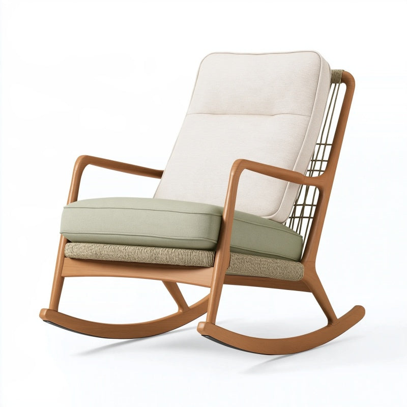 Sedia a dondolo 70 x 95 x 103 cm in legno marrone con imbottitura verde ecrù - stile nordico per relax