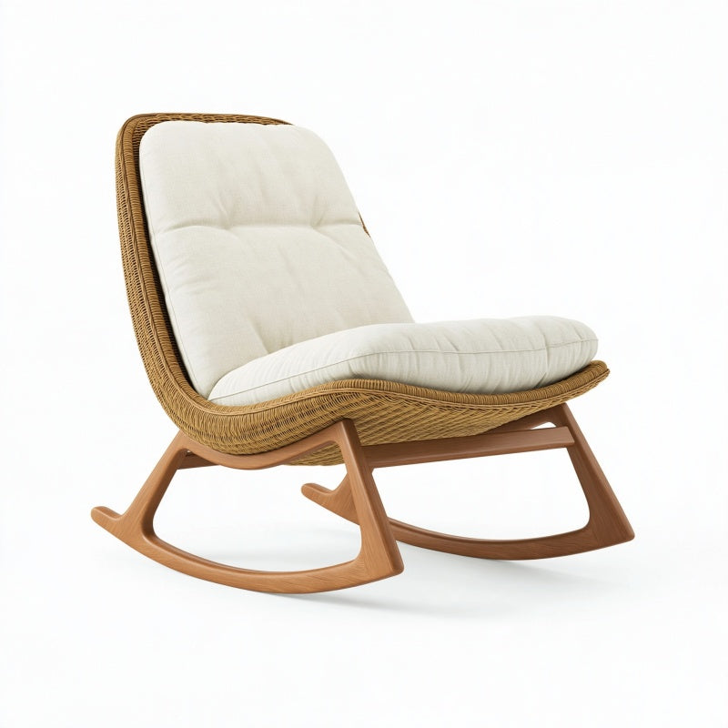 Poltrona a dondolo 100 x 70 x 95 cm in rattan e legno marrone con imbottitura avorio
