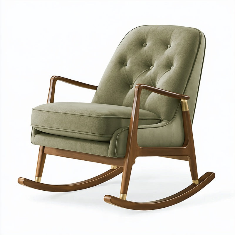 Sedia a dondolo 70 x 95 x 98 cm in tessuto verde e legno con schienale capitonné