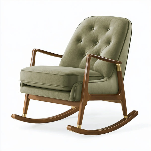 Sedia a dondolo 70 x 95 x 98 cm in tessuto verde e legno con schienale capitonné