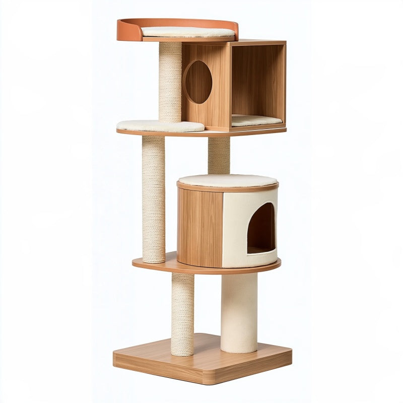 Tiragraffi per gatti 60 x 45 x 145 cm in legno marrone e beige con sisal e cucce
