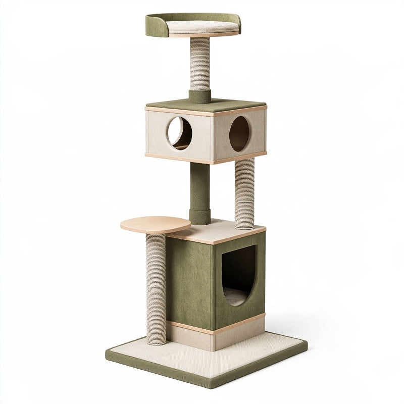 Tiragraffi per gatti 60 x 50 x 145 cm in legno e sisal verde con cucce e piattaforme