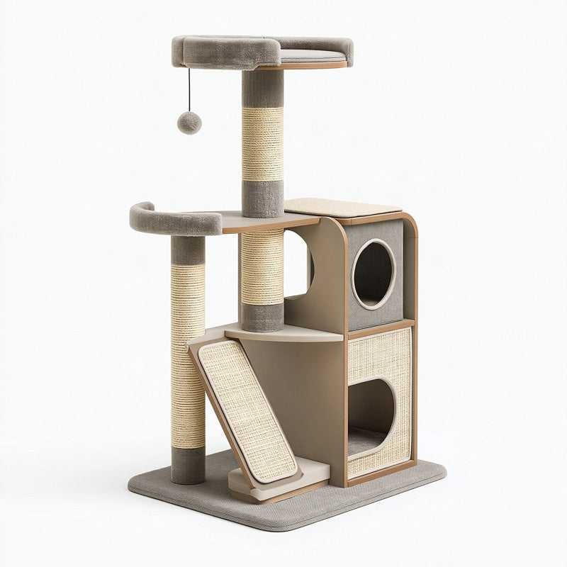 Tiragraffi per gatti 60 x 50 x 145 cm in sisal grigio e beige con cuccia e piattaforme stile moderno