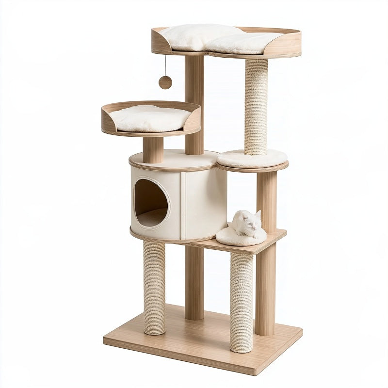 Tiragraffi per gatti 60 x 60 x 150 cm in legno beige e bianco con cuccia piattaforme e pali in sisal