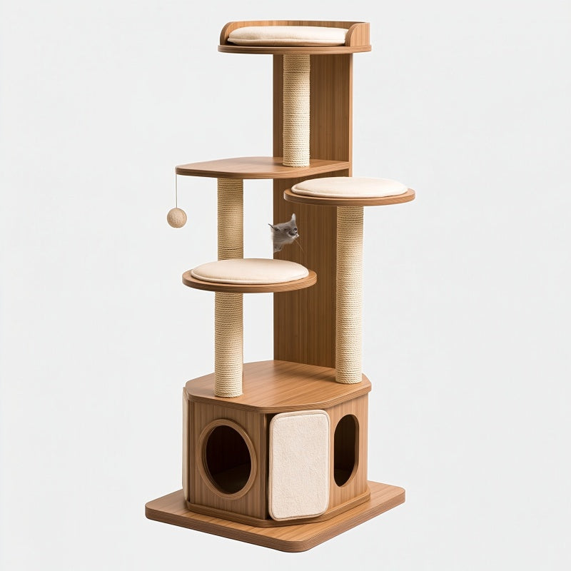 Albero tiragraffi per gatti 60 x 50 x 150 cm in legno marrone con sisal e piattaforme imbottite