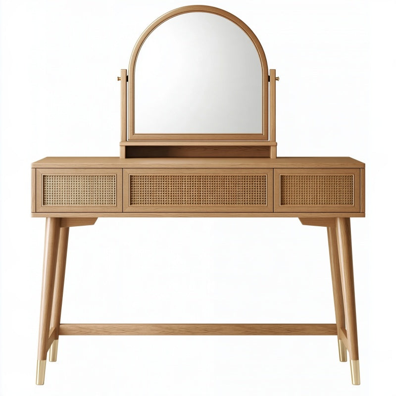 Toeletta 120 x 45 x 145 cm in legno naturale con specchio e 3 cassetti stile retrò