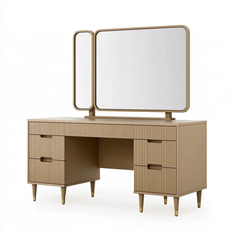 Toeletta 120x45x145 cm in legno beige con specchio per trucco stile moderno