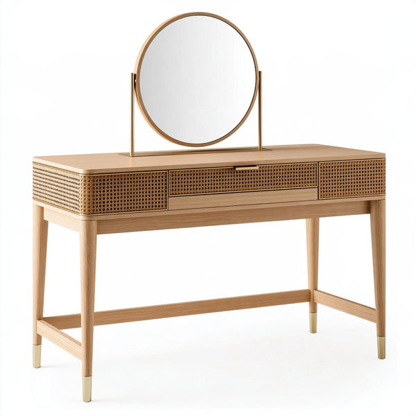 Toeletta 120 x 45 x 145 cm in legno naturale con rattan e specchio rotondo